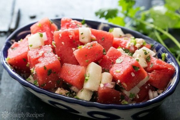 Today we are cooling off with a crisp watermelon salad with a southwestern flair.