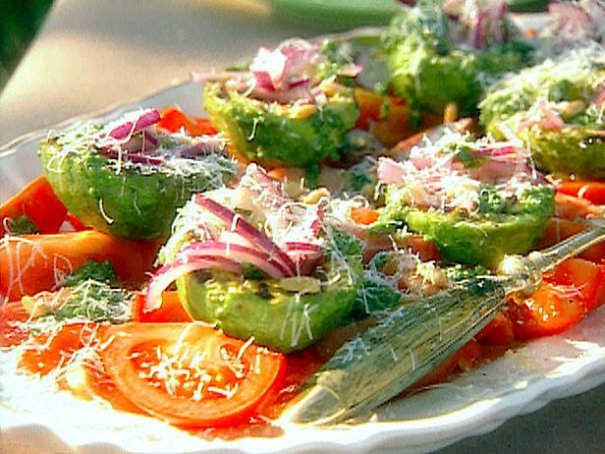 Grilled Avocado, Tomato, Red Onion Salad