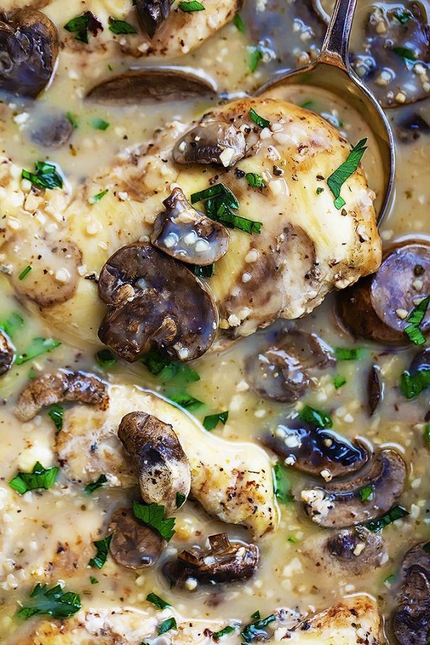 A mushroom and garlic sauce makes this meal irresistible. You'll be licking your plate clean.