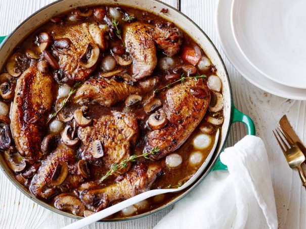 Make this one-pot: Braise chicken, mushrooms and pancetta with cognac, Burgundy and chicken stock until it's ultra-tender and rich in flavor.