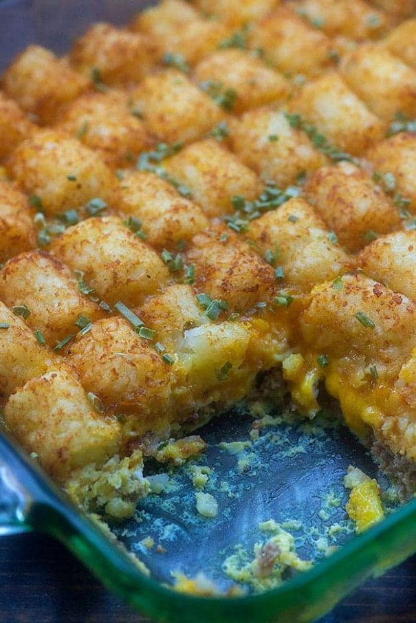 This breakfast casserole is packed with bacon, sausage, and eggs, and it's topped off with crispy tater tots.