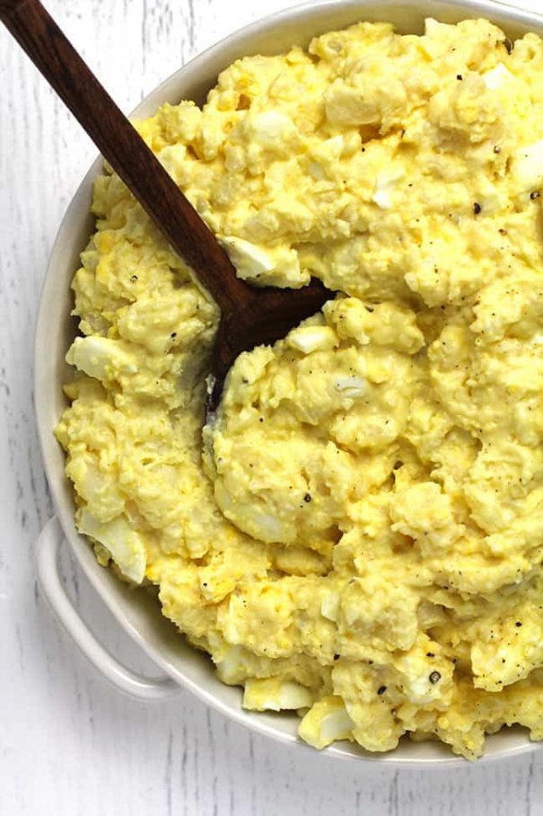 It combines russet potatoes and egg whites with a creamy dressing made from egg yolks ,Miracle Whip, and more.