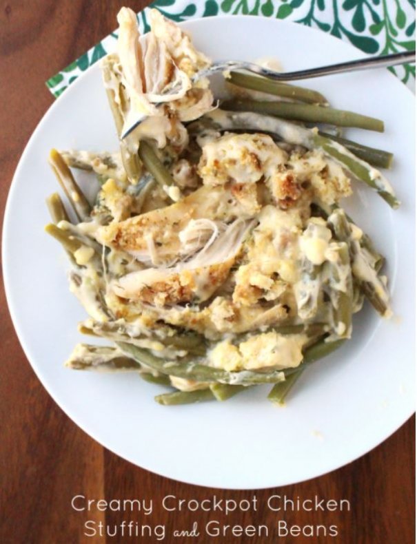 This Creamy Crockpot Chicken  Stuffing and Green Beans is the one-pot  hotdish at its best. It has everything a good hotdish should have: meat, starch, and veggie all in one pot, with no fancy or complicated ingredients. Just good, plain, solid comfort food.